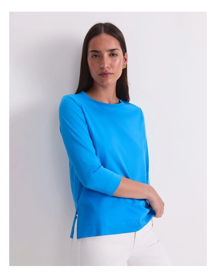Mercerised Cotton 3/4 Sleeve Tee in Blue image 5