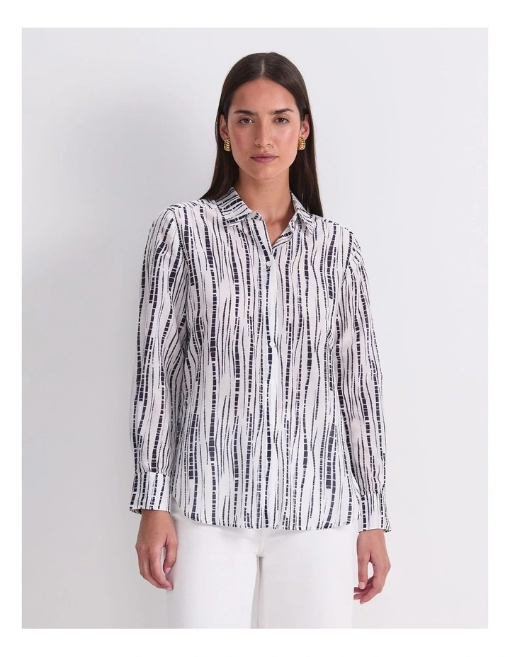 Stripe Cotton/Silk Long Sleeve Shirt in White/Navy image 1