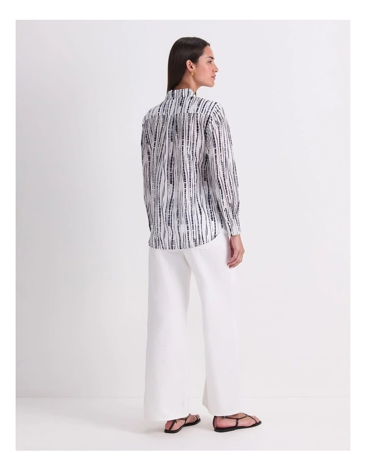 Stripe Cotton/Silk Long Sleeve Shirt in White/Navy image 2