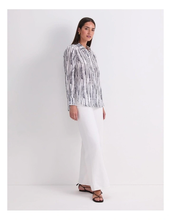 Stripe Cotton/Silk Long Sleeve Shirt in White/Navy image 3