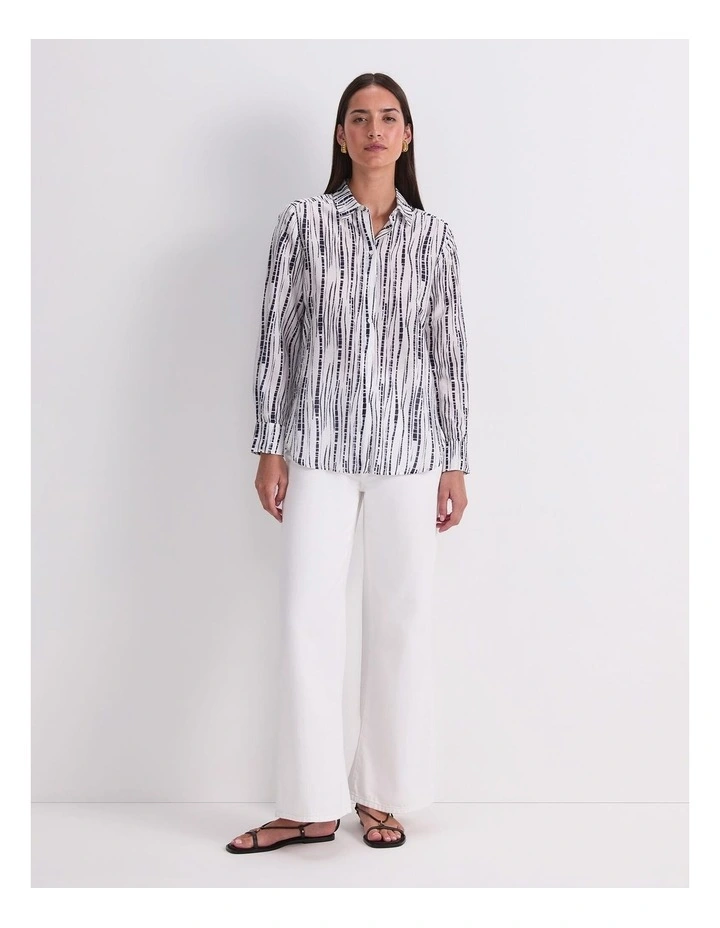 Stripe Cotton/Silk Long Sleeve Shirt in White/Navy image 4