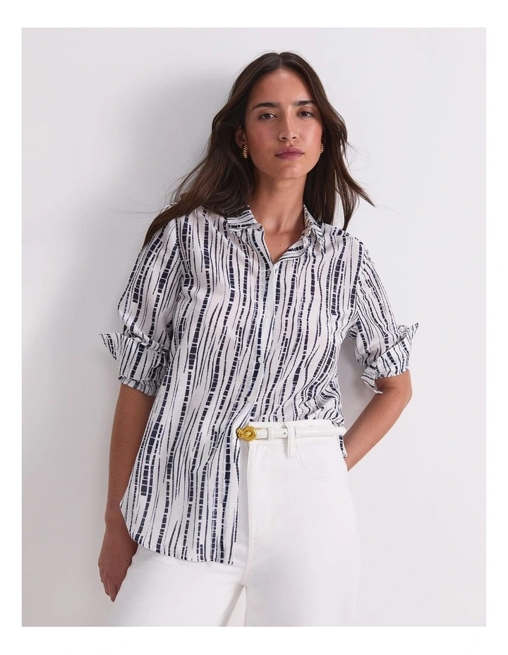 Stripe Cotton/Silk Long Sleeve Shirt in White/Navy image 5