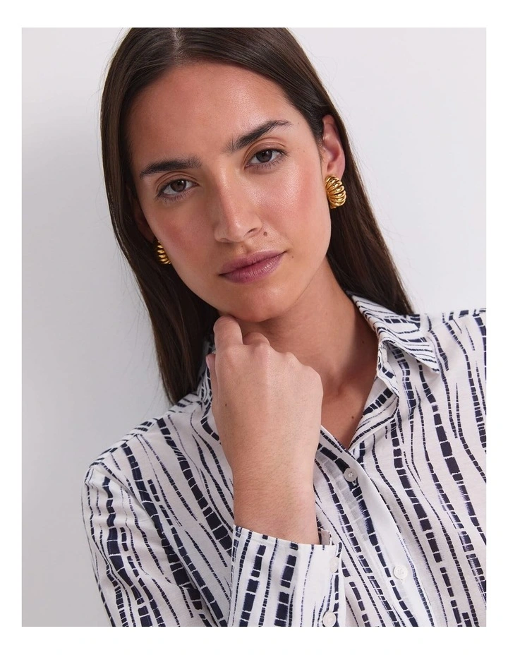 Stripe Cotton/Silk Long Sleeve Shirt in White/Navy image 6