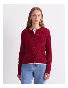 Merino Cable Cardigan in Red