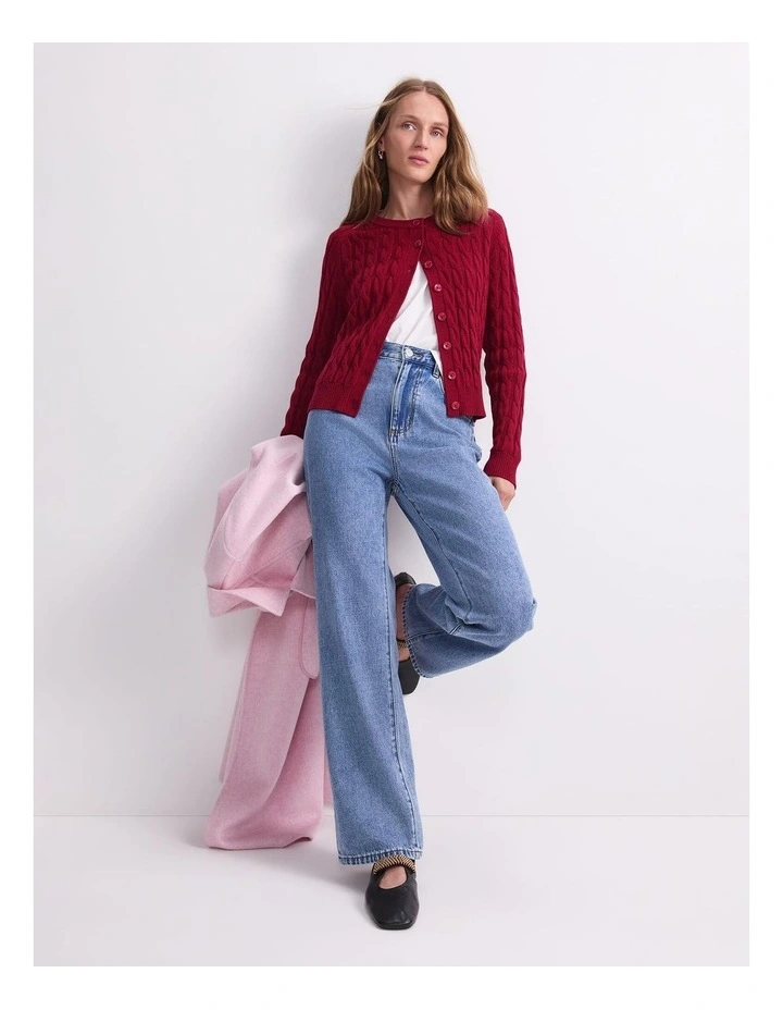 Merino Cable Cardigan in Red image 3