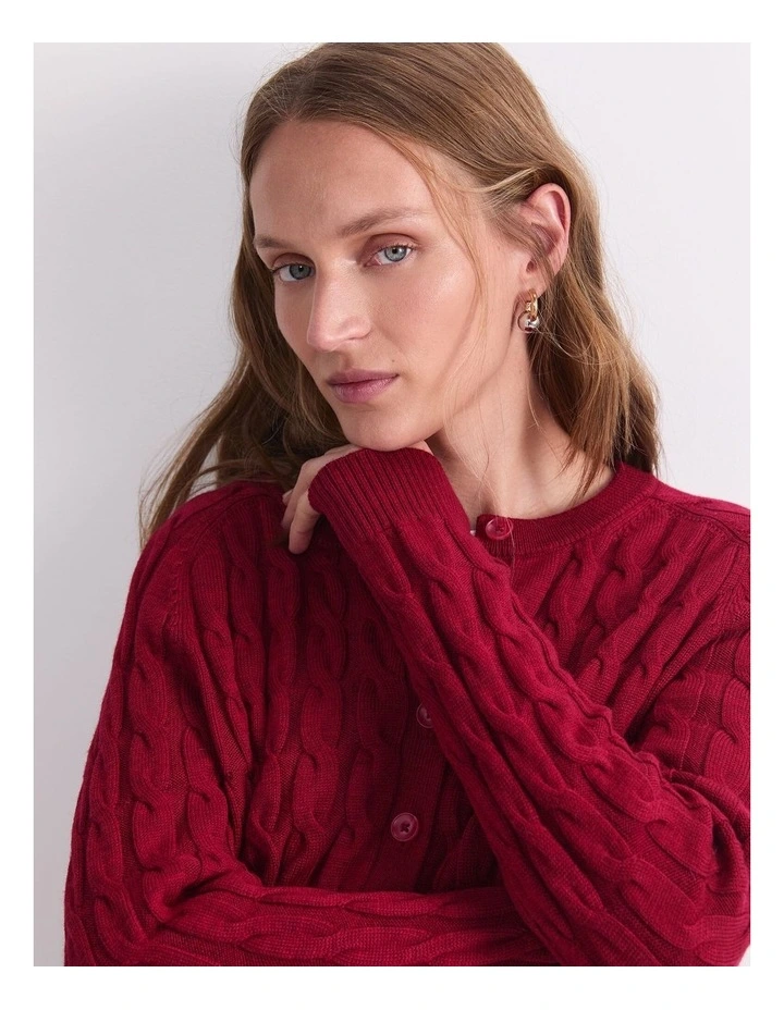 Merino Cable Cardigan in Red image 4