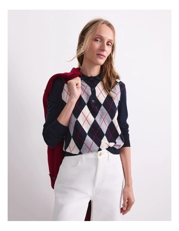 Francis Argyle Polo Knit Top in Blue image 4