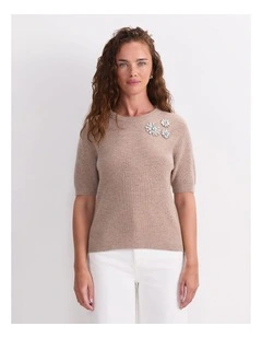Pearl Embellished Tee in Beige
