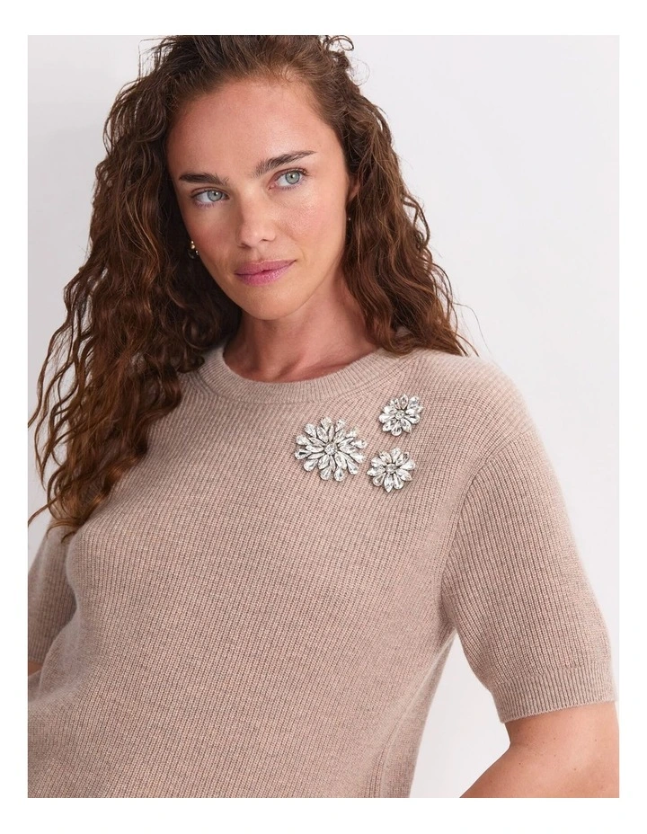 Pearl Embellished Tee in Beige image 4