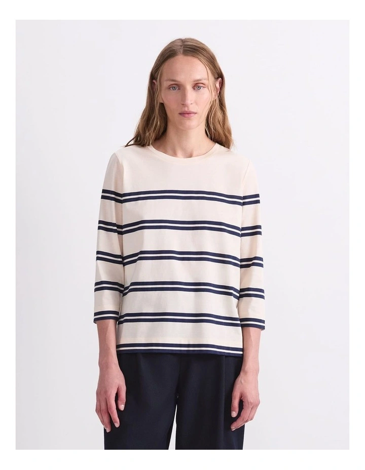 Stripe Half Sleeve Mercerised Tee in Winter White/Navy image 1