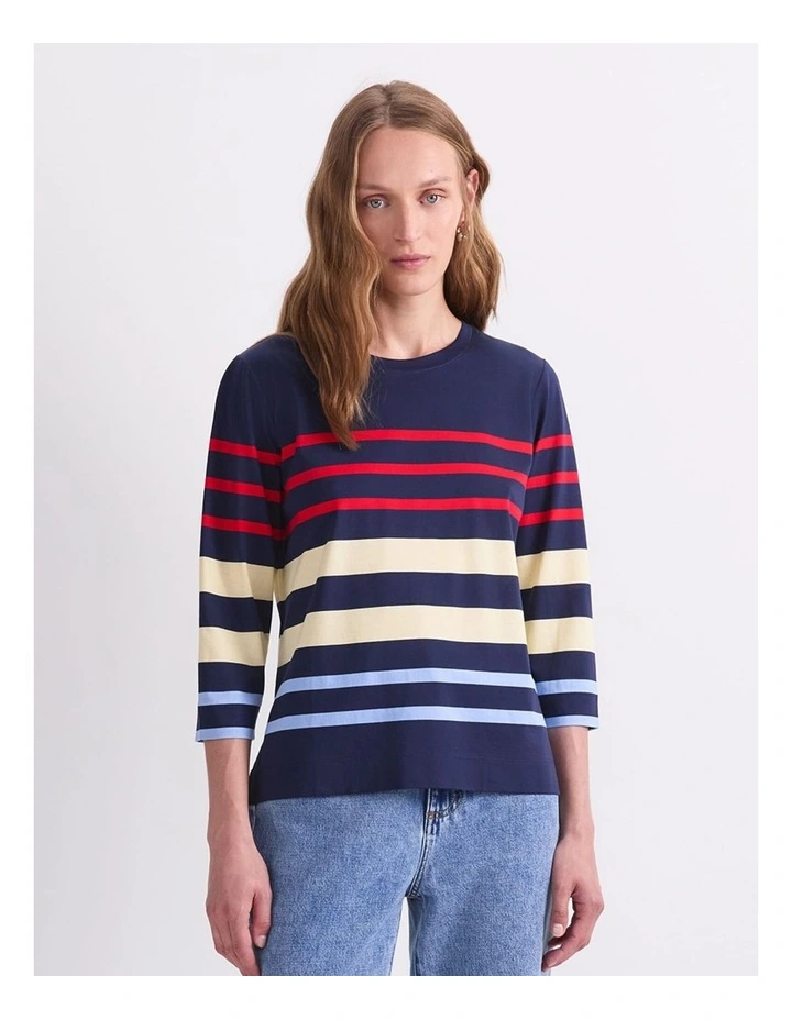 Multi Stripe Half Sleeve Mercerised Tee in Navy Multi image 1