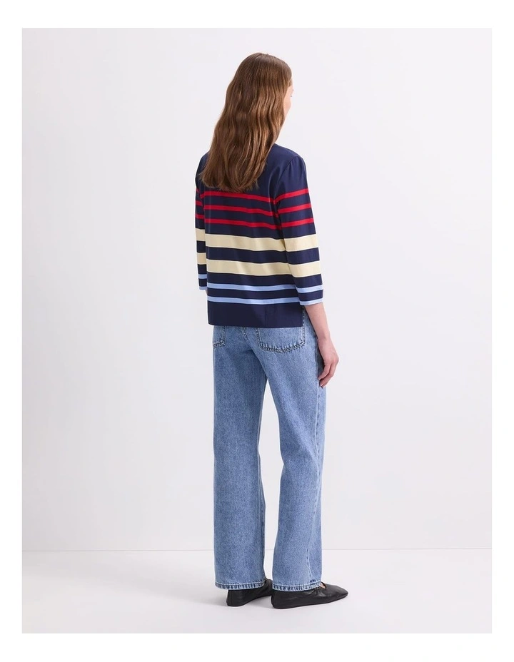 Multi Stripe Half Sleeve Mercerised Tee in Navy Multi image 2