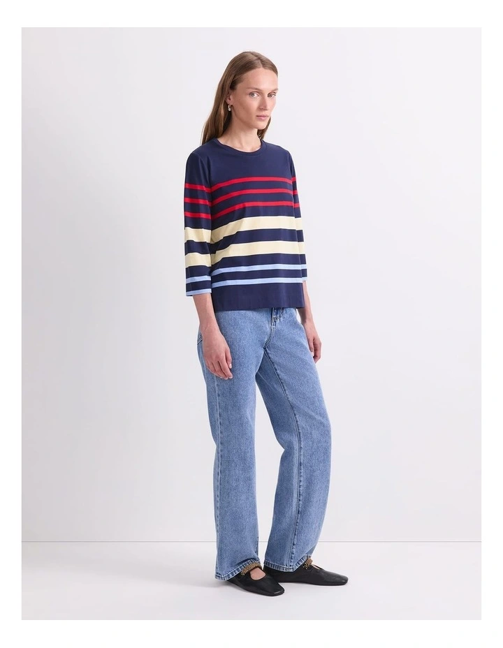 Multi Stripe Half Sleeve Mercerised Tee in Navy Multi image 3