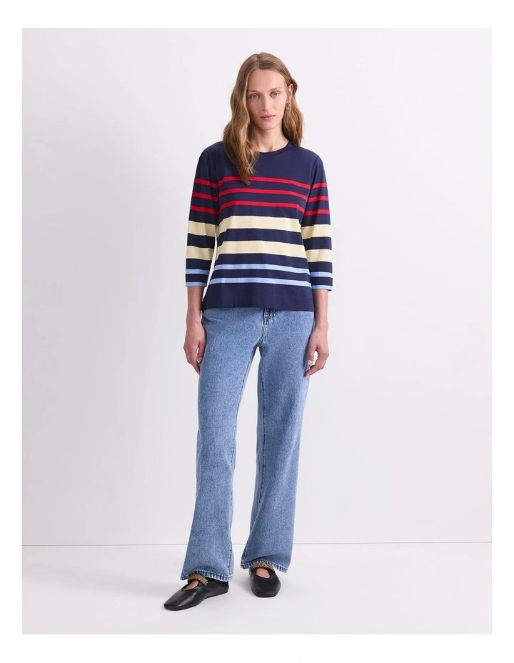 Multi Stripe Half Sleeve Mercerised Tee in Navy Multi image 4