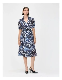 Abstract Brush Shirt Dress in Indigo