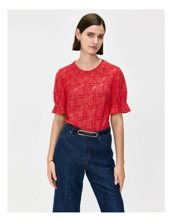 European Burnout Blouson Sleeve Top in Red image 3