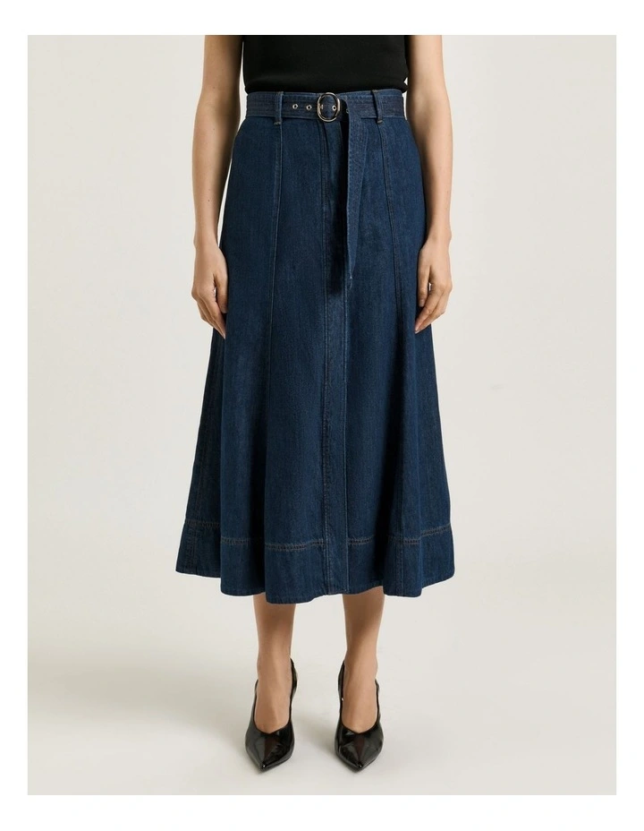 Cotton Tencel Denim Belted Skirt in Blue image 3