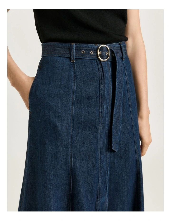 Cotton Tencel Denim Belted Skirt in Blue image 4