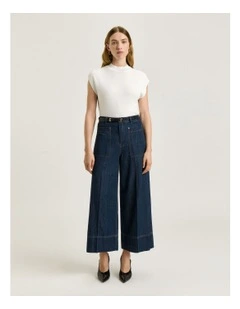 Cotton Tencel Denim Wide Cropped Jeans in Blue