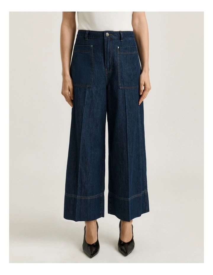 Cotton Tencel Denim Wide Cropped Jeans in Blue image 3