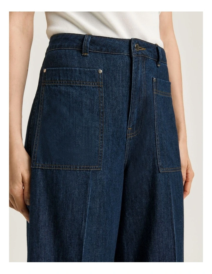 Cotton Tencel Denim Wide Cropped Jeans in Blue image 4