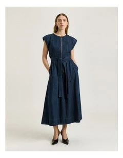 Cotton Tencel Denim Panelled Midi Dress in Blue