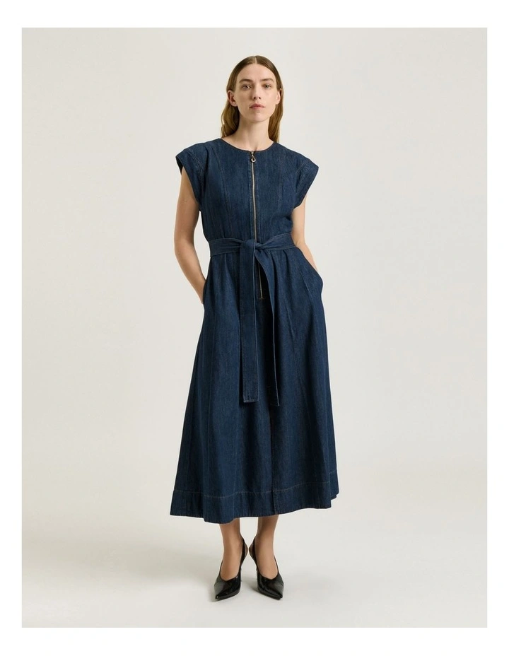 Cotton Tencel Denim Panelled Midi Dress in Blue image 1