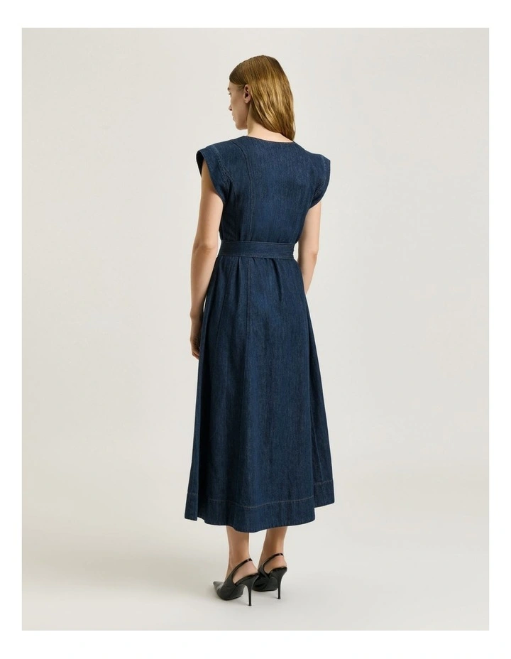 Cotton Tencel Denim Panelled Midi Dress in Blue image 2