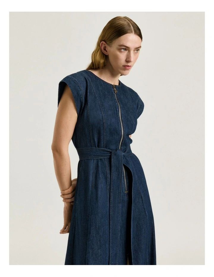 Cotton Tencel Denim Panelled Midi Dress in Blue image 3