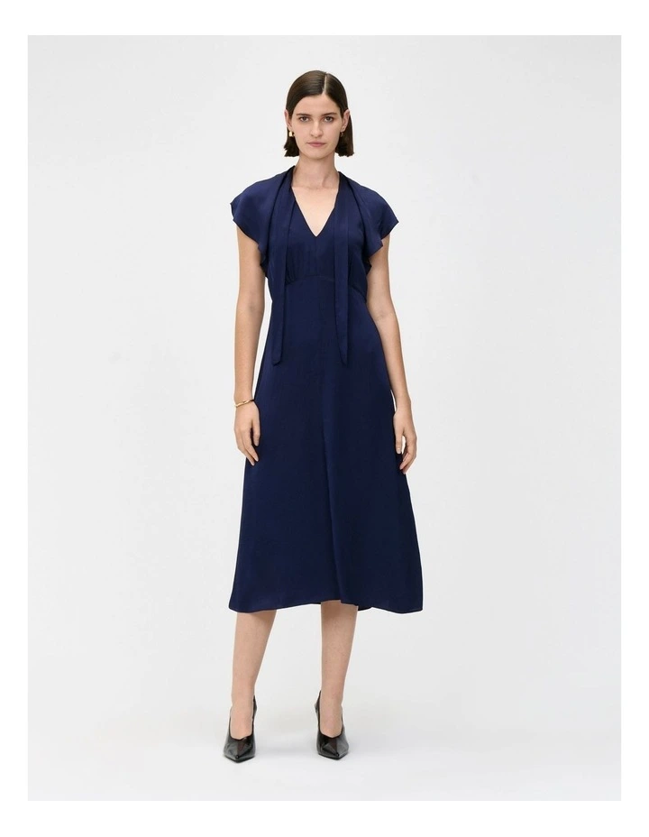 Hammered Satin Draped Neck Midi Dress in White image 1