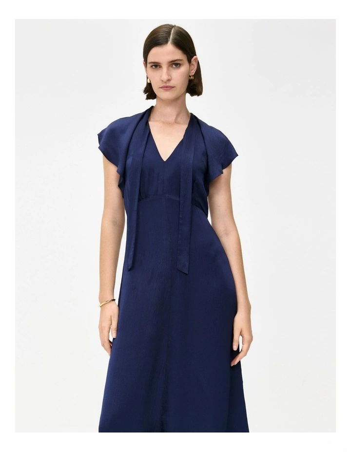 Hammered Satin Draped Neck Midi Dress in White image 3