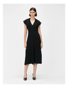 Hammered Satin Draped Neck Midi Dress in Black