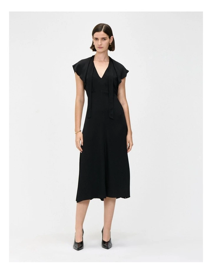 Hammered Satin Draped Neck Midi Dress in Black image 1
