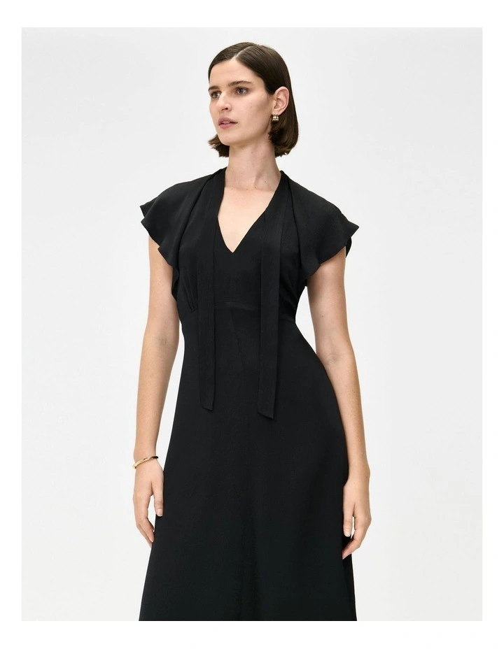 Hammered Satin Draped Neck Midi Dress in Black image 3