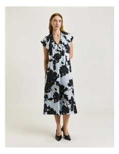 Shadow Rose Satin Draped Neck Midi Dress in Blue