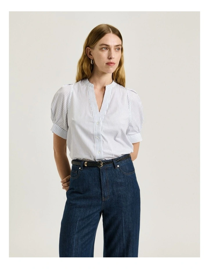 Good Earth Cotton Stripe Short Sleeve Shirt in Navy image 3