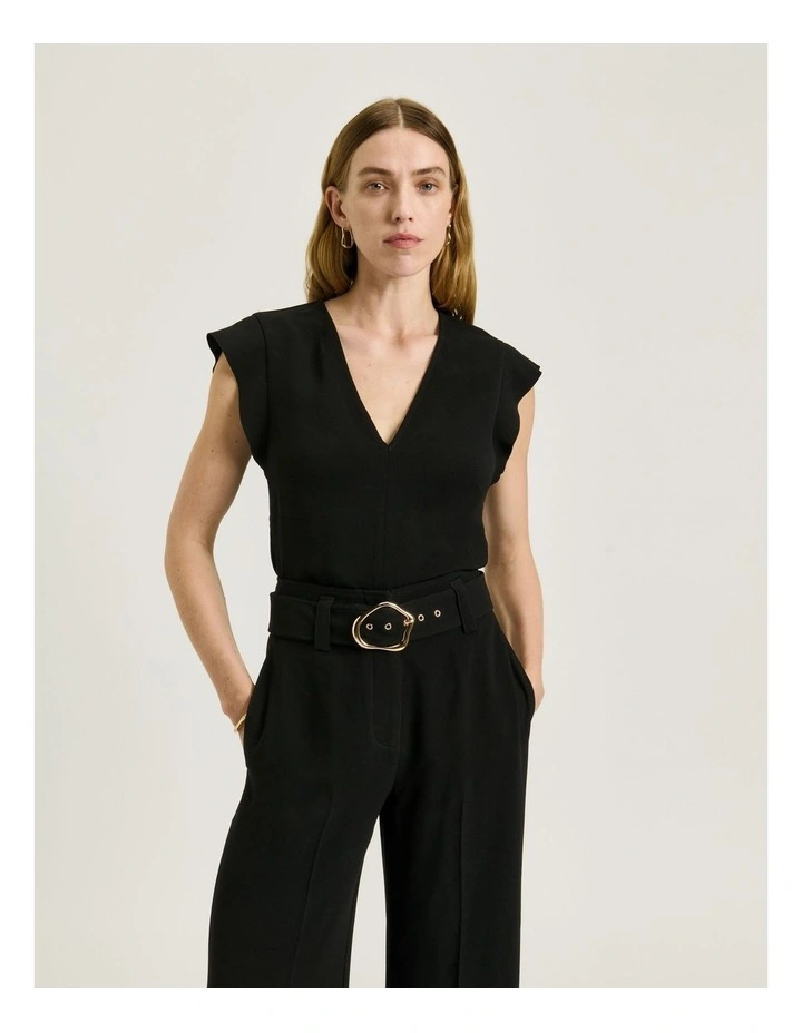 Double Crepe V Neck Top in Black image 3