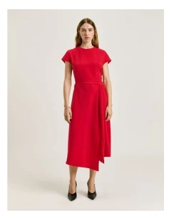 Double Crepe Cap Sleeve Midi Dress in Red