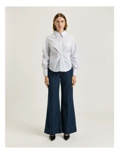 Good Earth Cotton Stripe Asymmetric Tucked Shirt in Navy