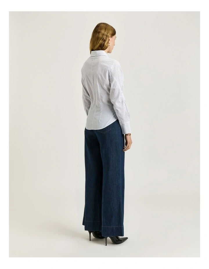 Good Earth Cotton Stripe Asymmetric Tucked Shirt in Navy image 2