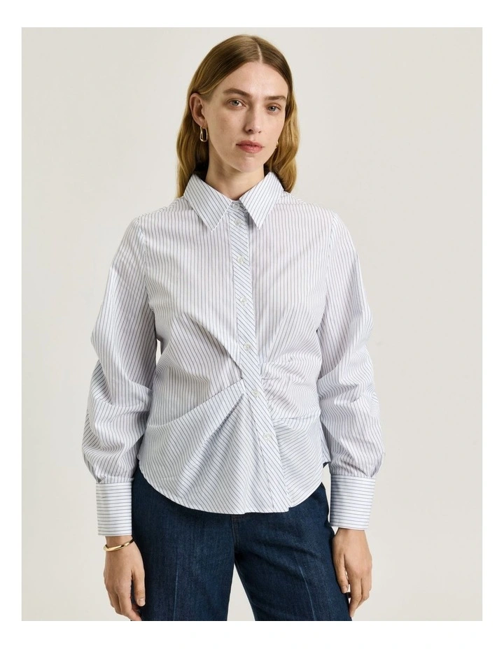 Good Earth Cotton Stripe Asymmetric Tucked Shirt in Navy image 3
