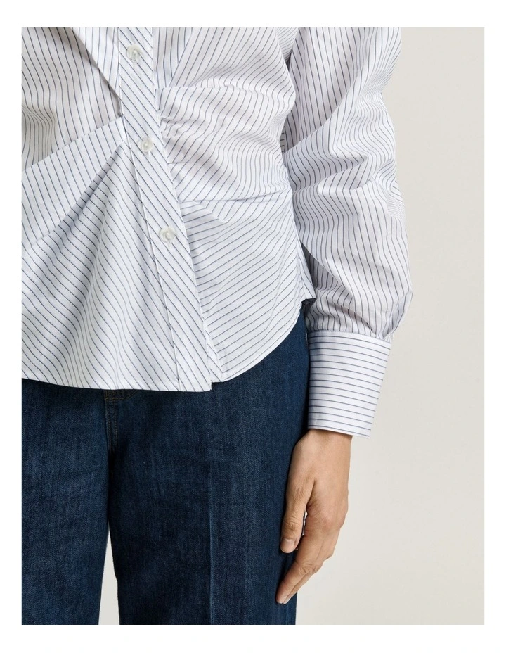 Good Earth Cotton Stripe Asymmetric Tucked Shirt in Navy image 4