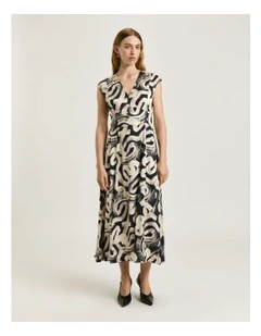Abstract Brush Midi Dress in Black