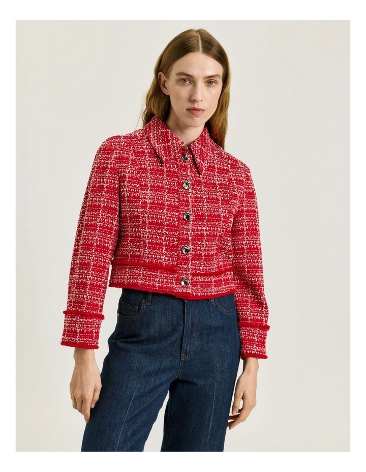 European Boucle Cropped Jacket in Red image 3