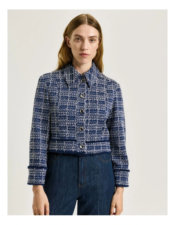 European Boucle Cropped Jacket in Blue image 3