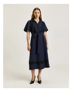 Viscose Linen Twill Shirtdress With Lace in Blue