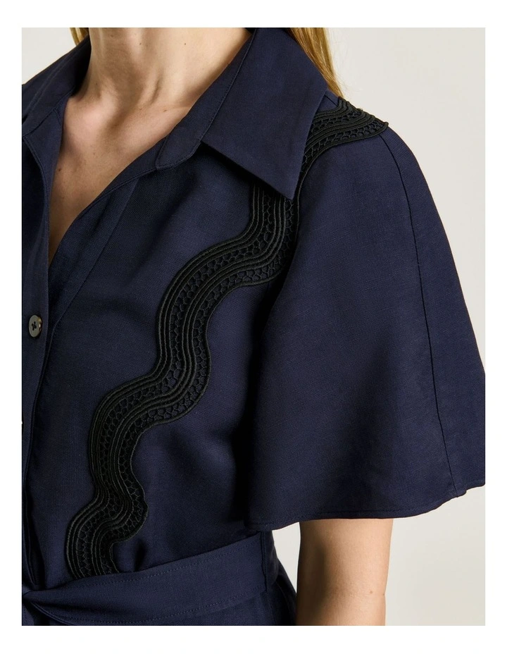 Viscose Linen Twill Shirtdress With Lace in Blue image 4