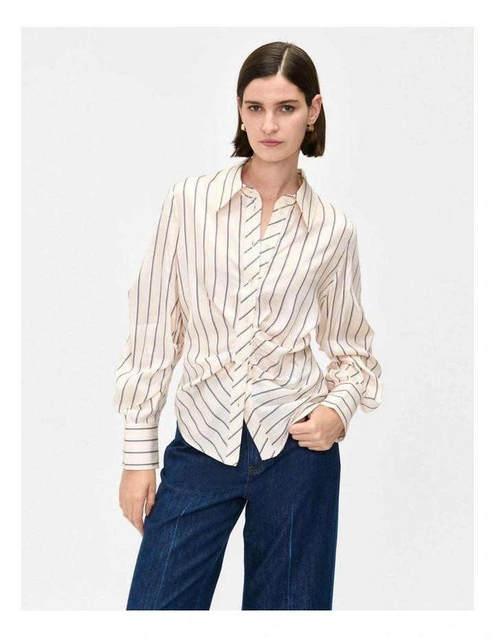 Stripe Tucked Long Sleeve Shirt in Cream image 3