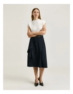 Textured Twill A-Line Skirt With Drape in Blue