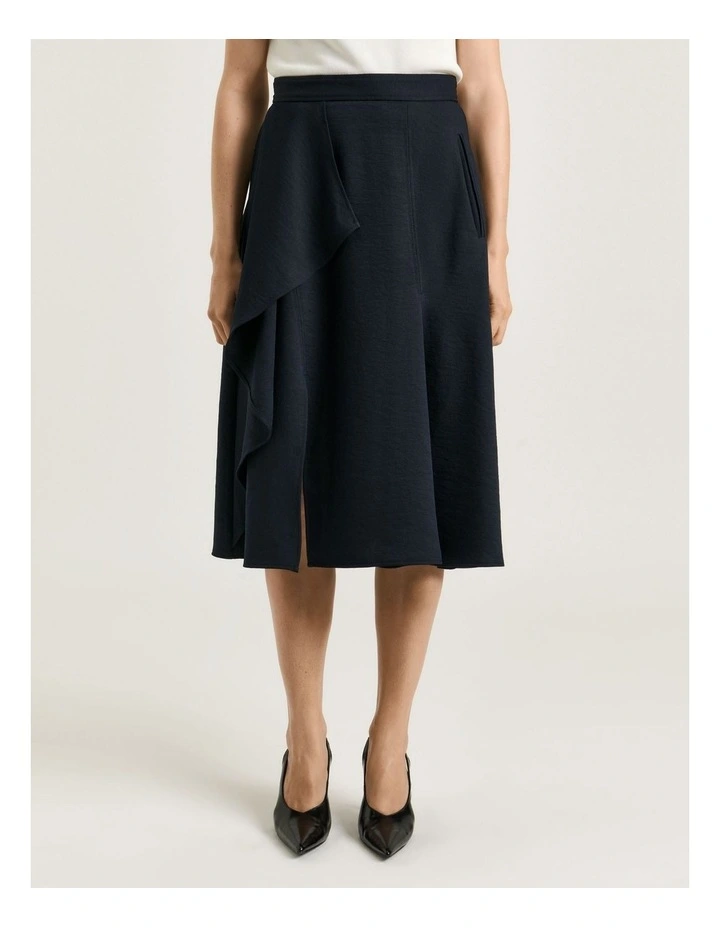 Textured Twill A-Line Skirt With Drape in Blue image 3